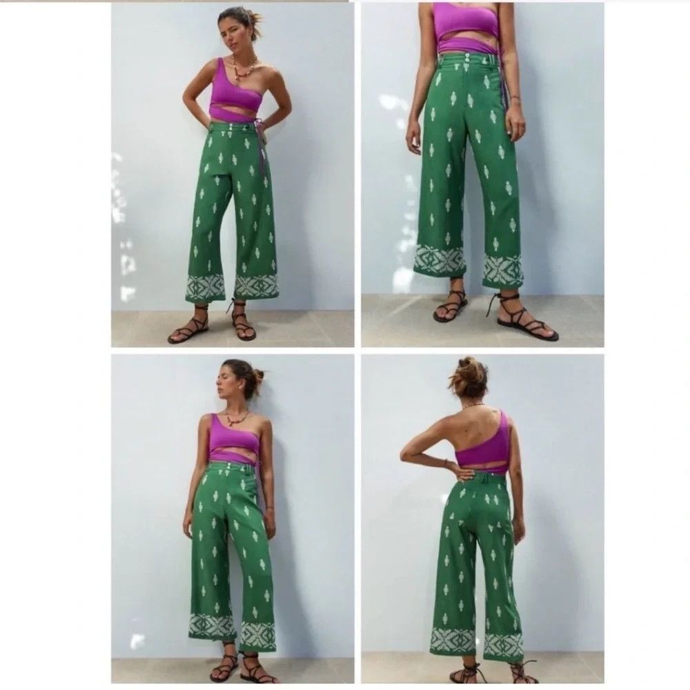 Zara Embroidered Crop Wide-Leg Linen Culottes Pants XS Boho Artsy Euro Summer
